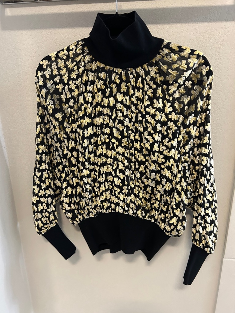 Tory Burch Black Turtleneck Sweater with Gold Floral Motif